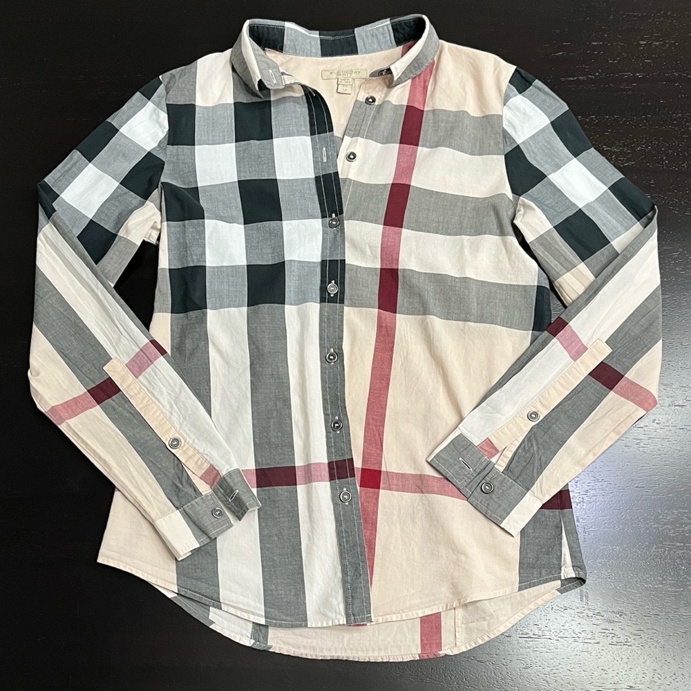 Burberry Classic Button-Down Shirt in Beige, Black & Red